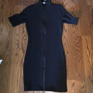 Black zip front dress.